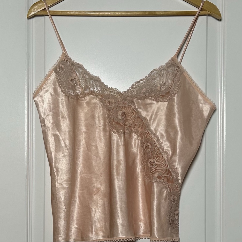 Cotillion Vintage 80s Peach Sheer Lace Trim Asymmetrical Inset Satin Camisole